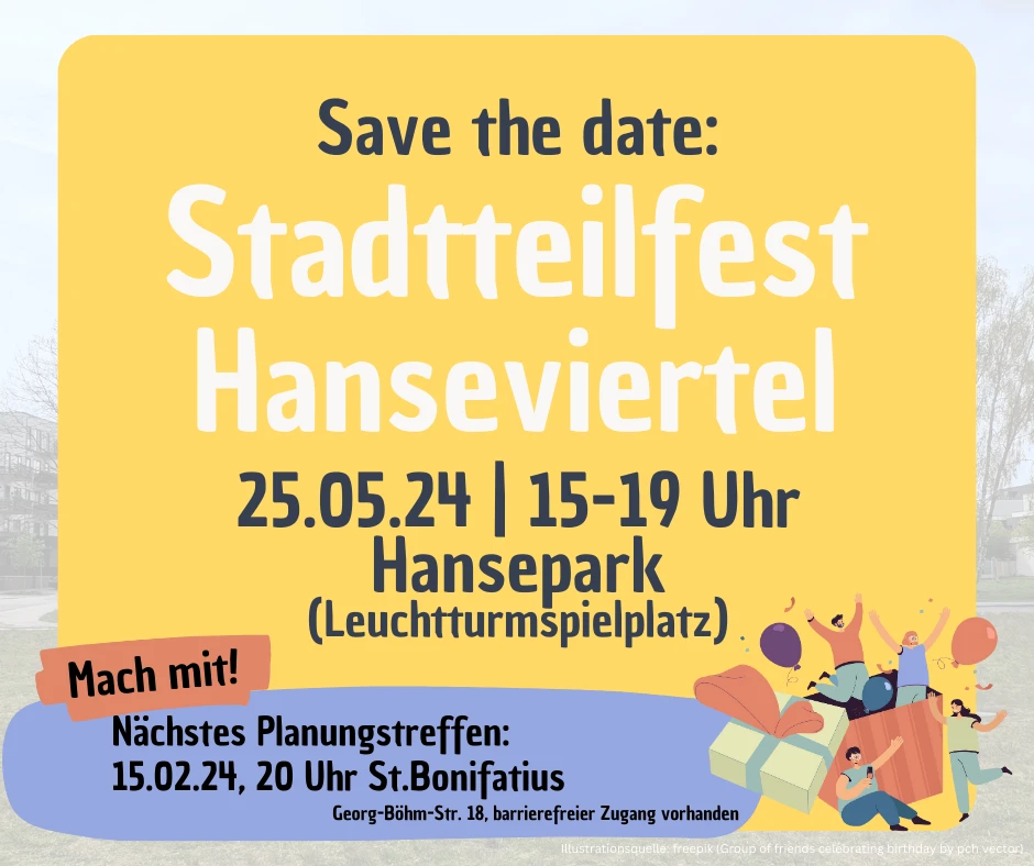 Stadtteilfest Hanseviertel am Samstag, 25. Mai 24 von 15-19 Uhr. Grafik: Stadtteilmanagement Hanseviertel.